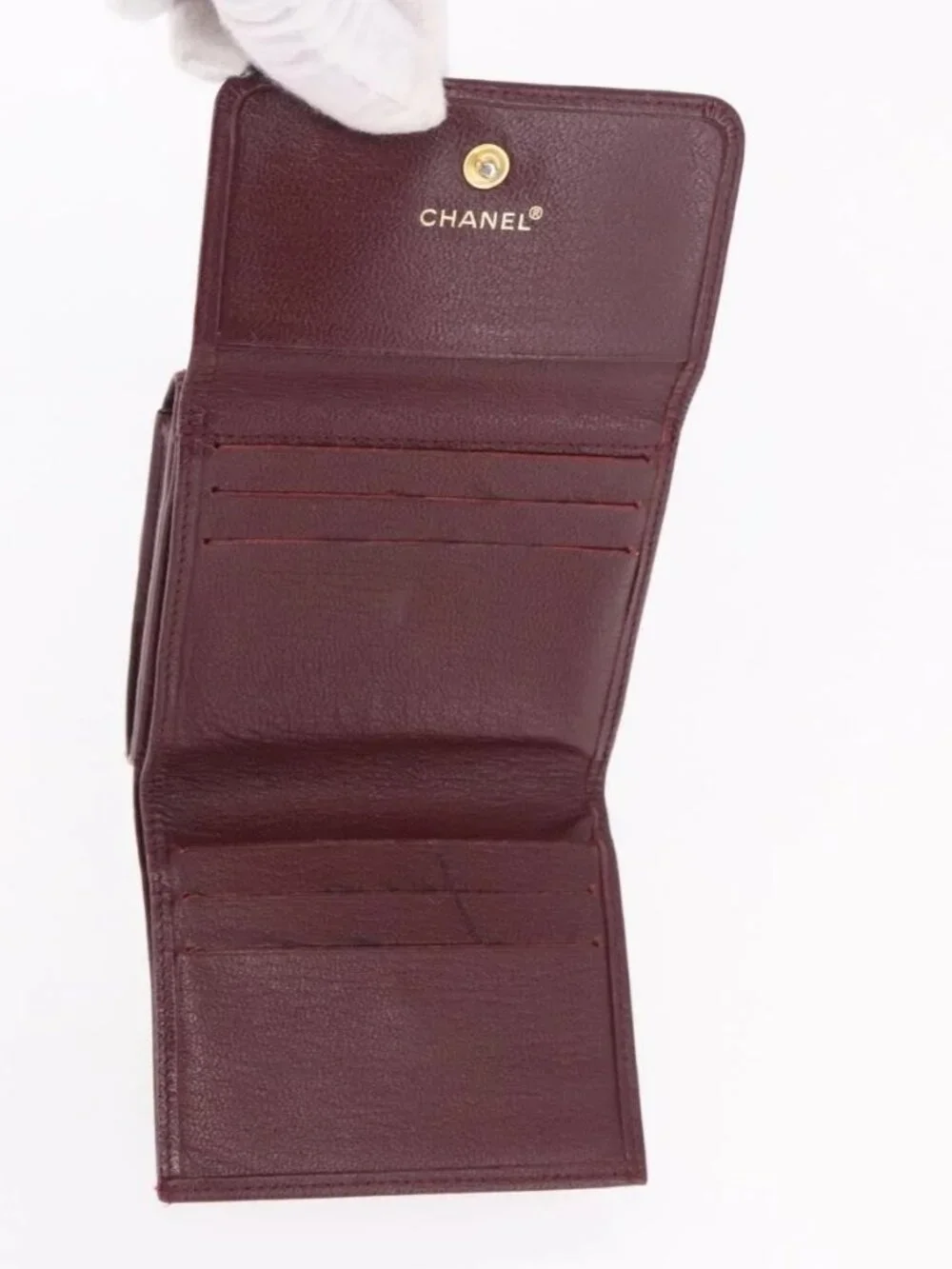 CHANEL Trifold Wallet Leather Bordeaux Gold CC Auth bs35714